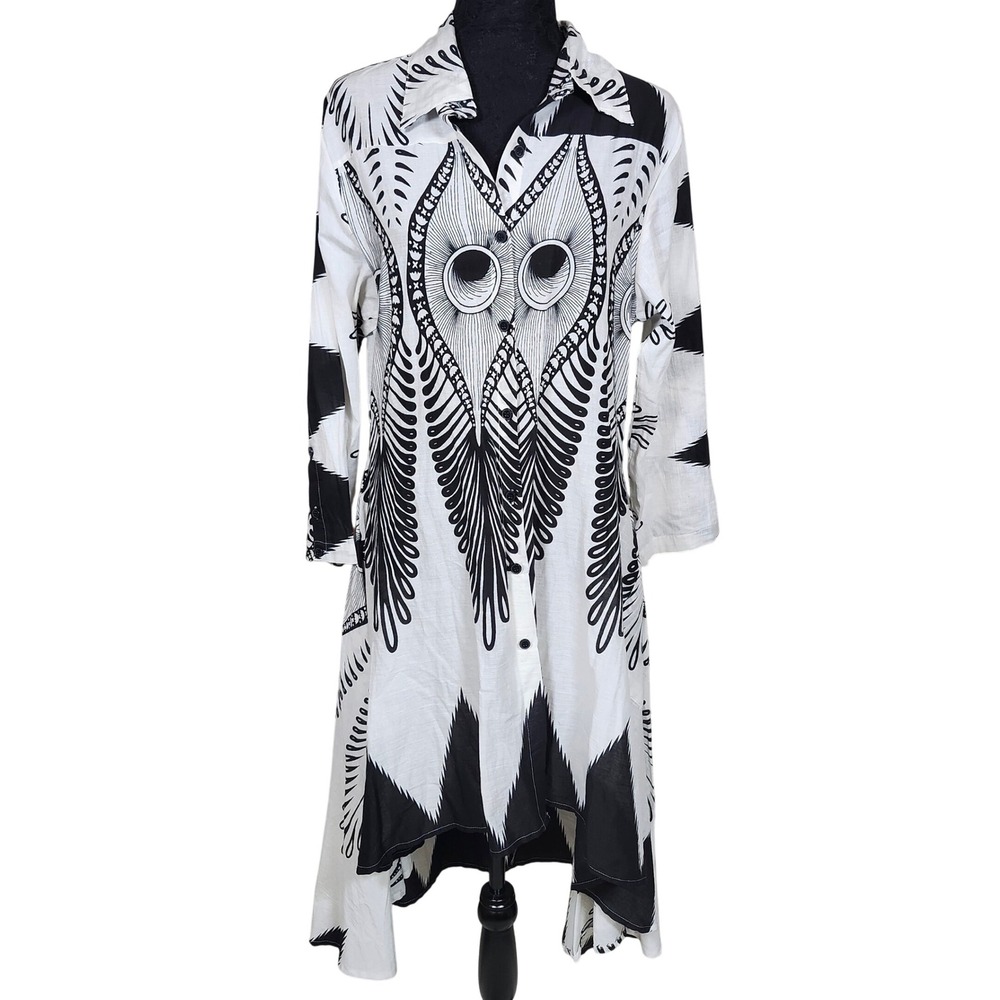 Step In Style Black‎ White Print Long Sleeve Midi Dress PXL Collared Casual